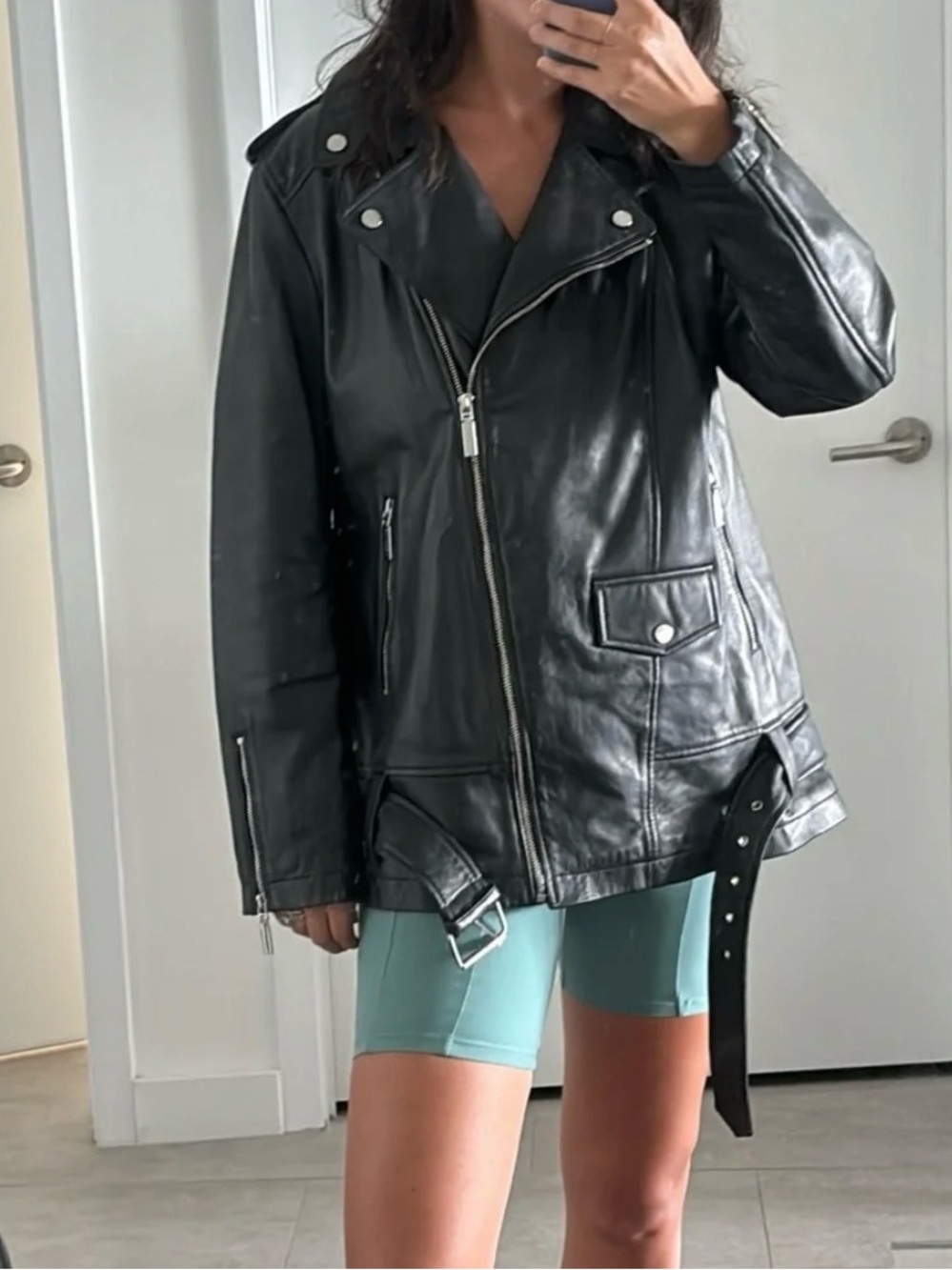 Vintage Black Leather Biker Jacket with Belt